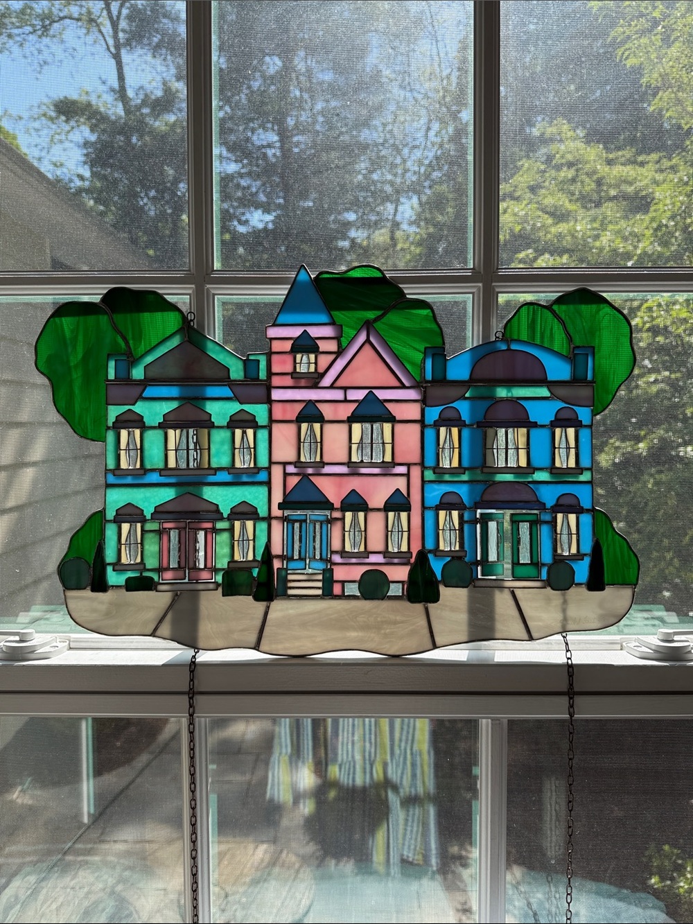 Large Stained Glass Scene of 3 Victorian Houses- San Francisco Painted Ladies
